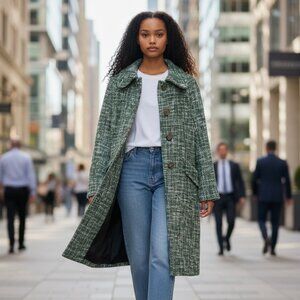 Zara Women Tweed Wool Blend Knee Length Coat Green, Cream and Black size L